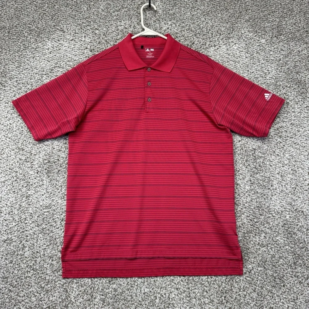 Adidas Golf Polo Shirt Men's Size Medium‎ Pink Blue Stripes Performance Stretch
